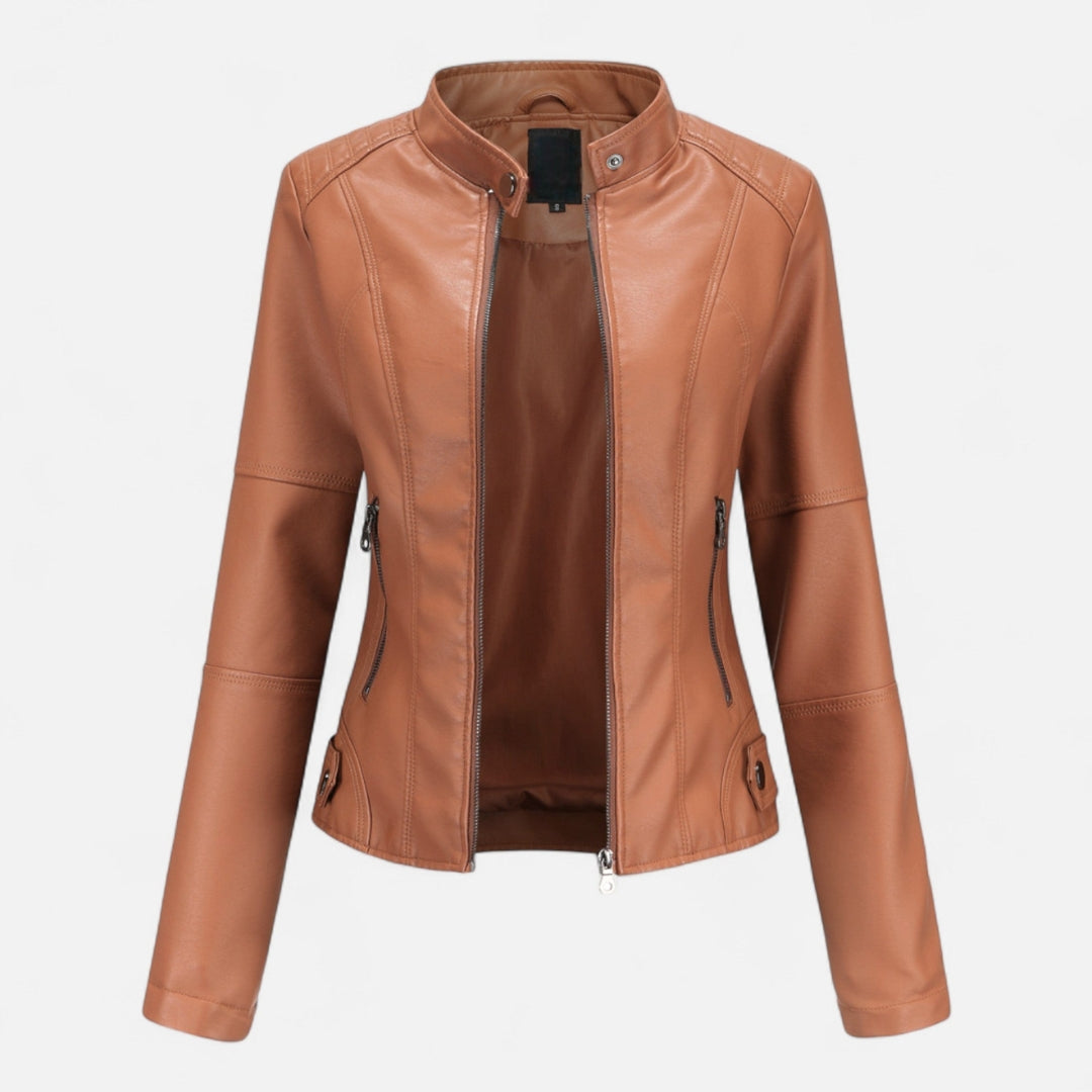 Veste style motard pour femme en matière synthétique avec col montant