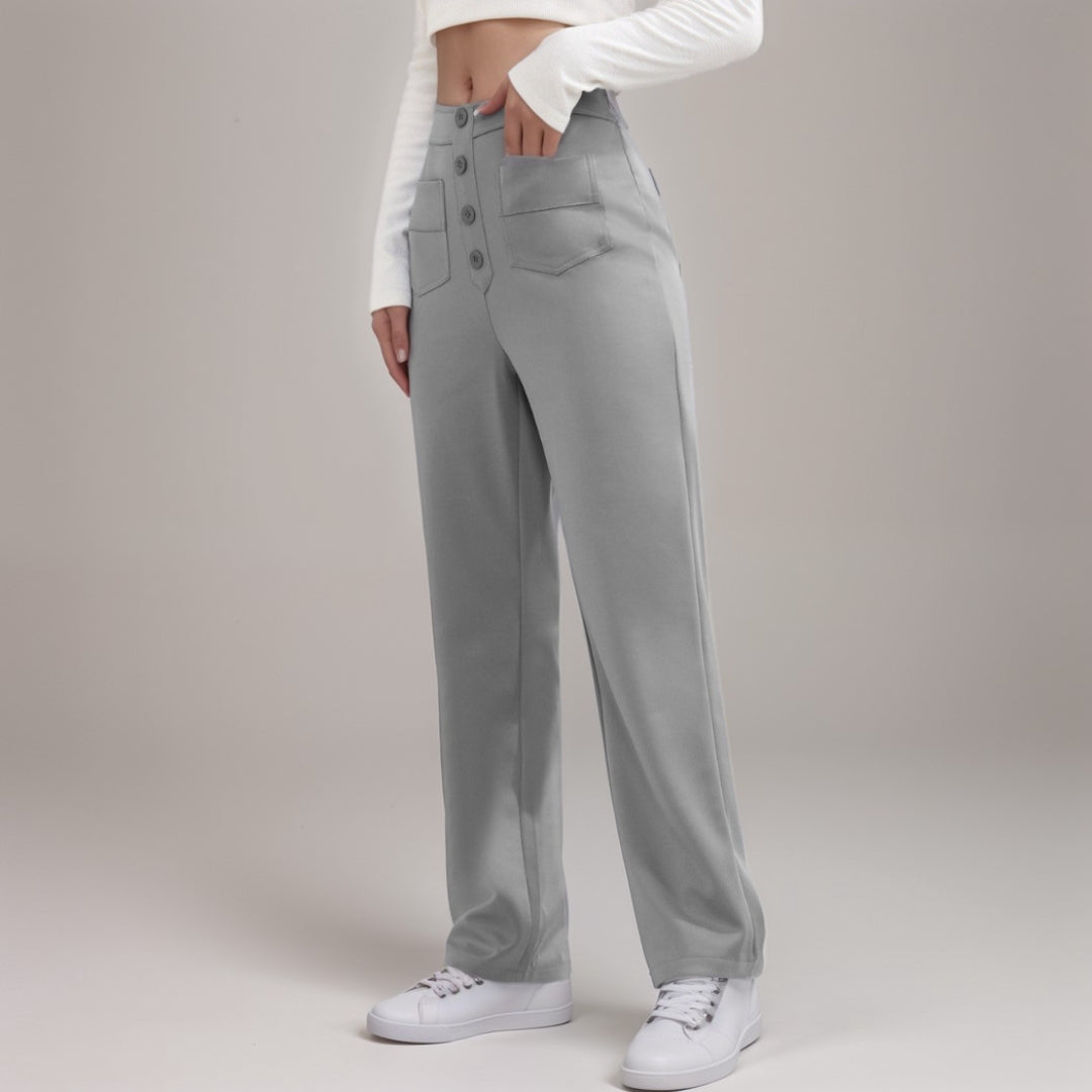 Pantalon Droit Taille Haute avec Poches pour Femme