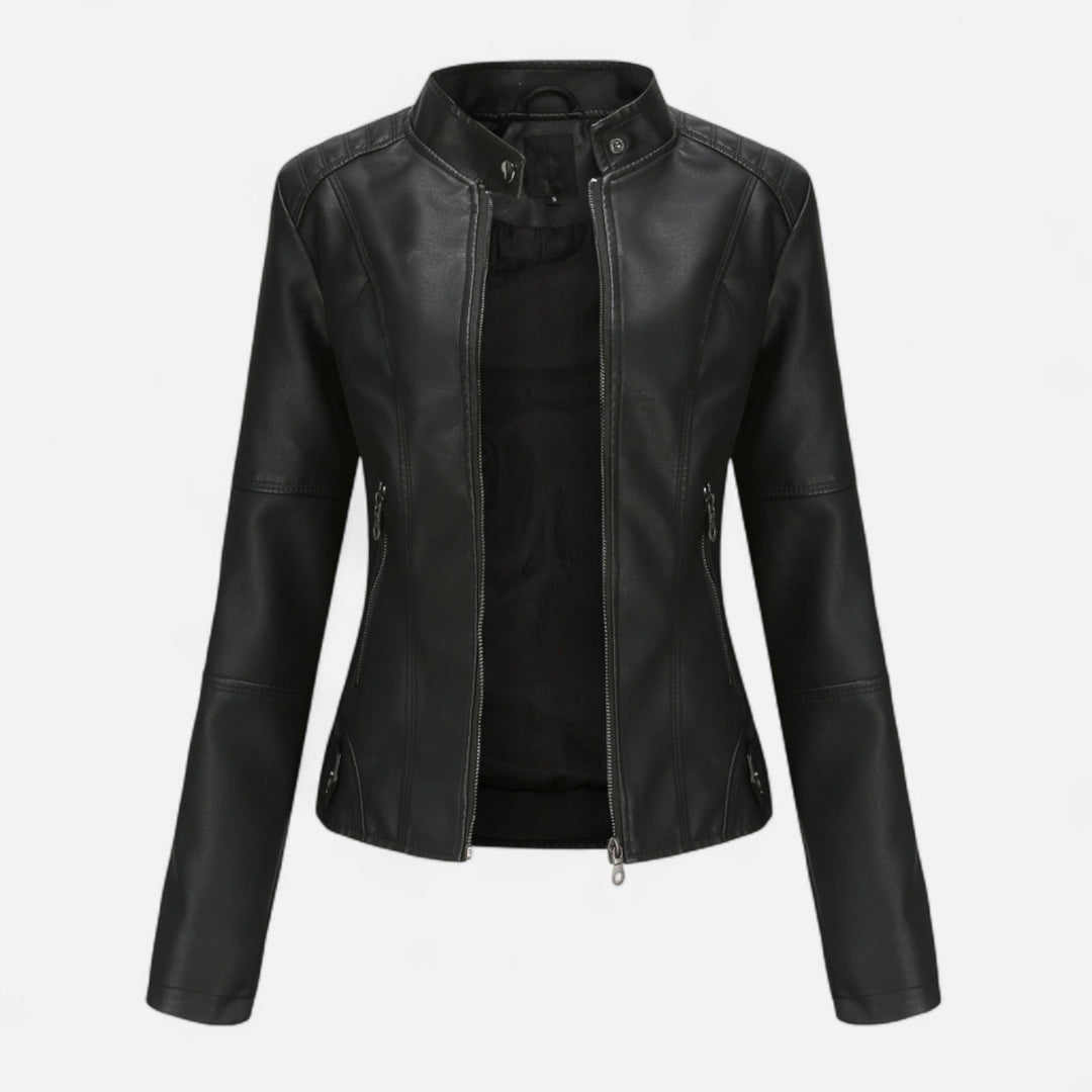 Veste style motard pour femme en matière synthétique avec col montant