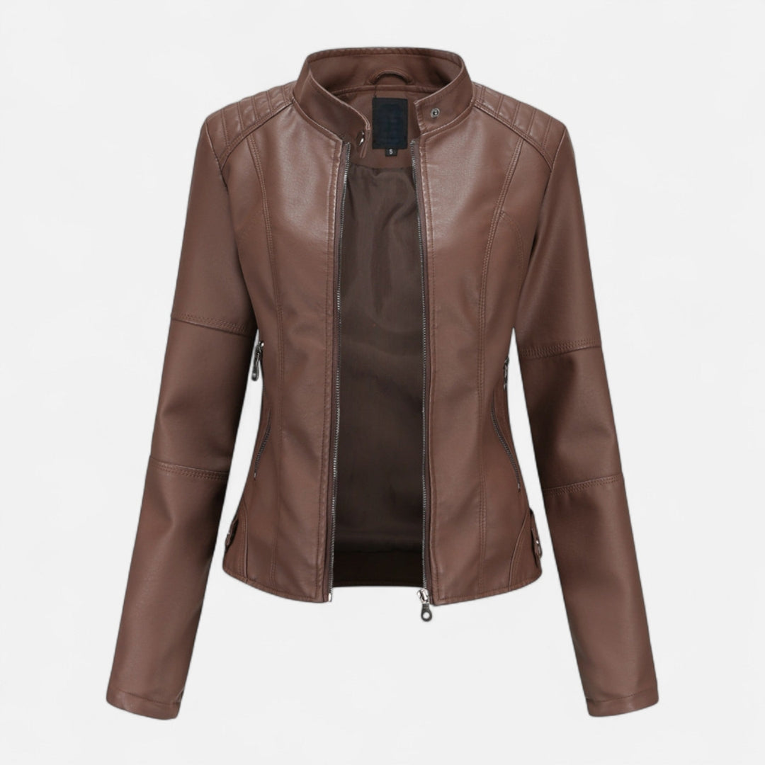 Veste style motard pour femme en matière synthétique avec col montant