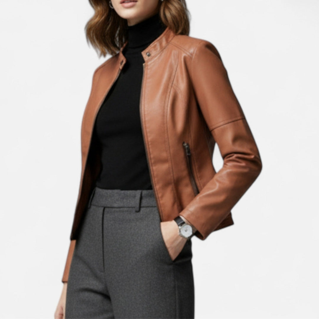 Veste style motard pour femme en matière synthétique avec col montant