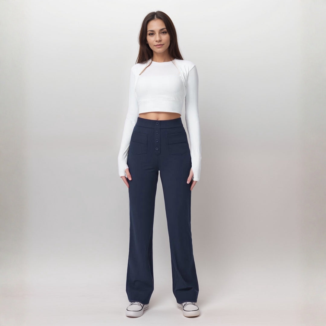 Pantalon Droit Taille Haute avec Poches pour Femme