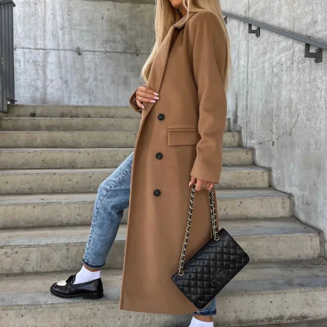 Manteau long à double boutonnage avec ceinture pour femme en tissu mélangé