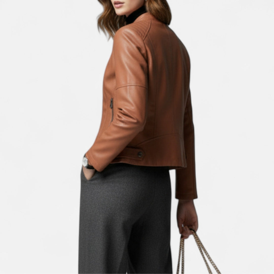 Veste style motard pour femme en matière synthétique avec col montant