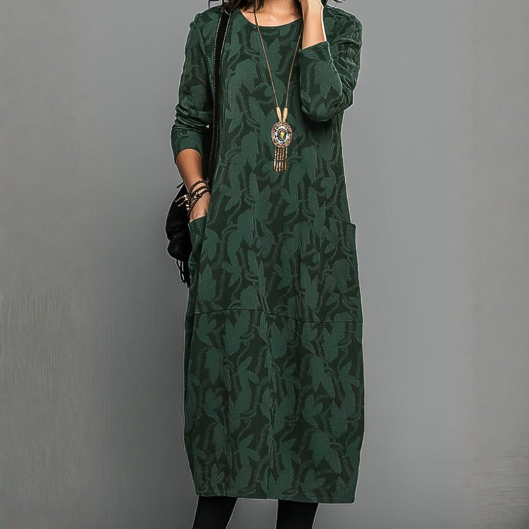Robe mi-longue à manches longues imprimée avec poches pour femme