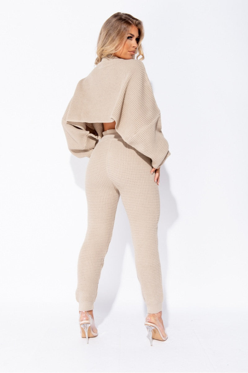 Ensemble tricot beige à taille haute pour femme