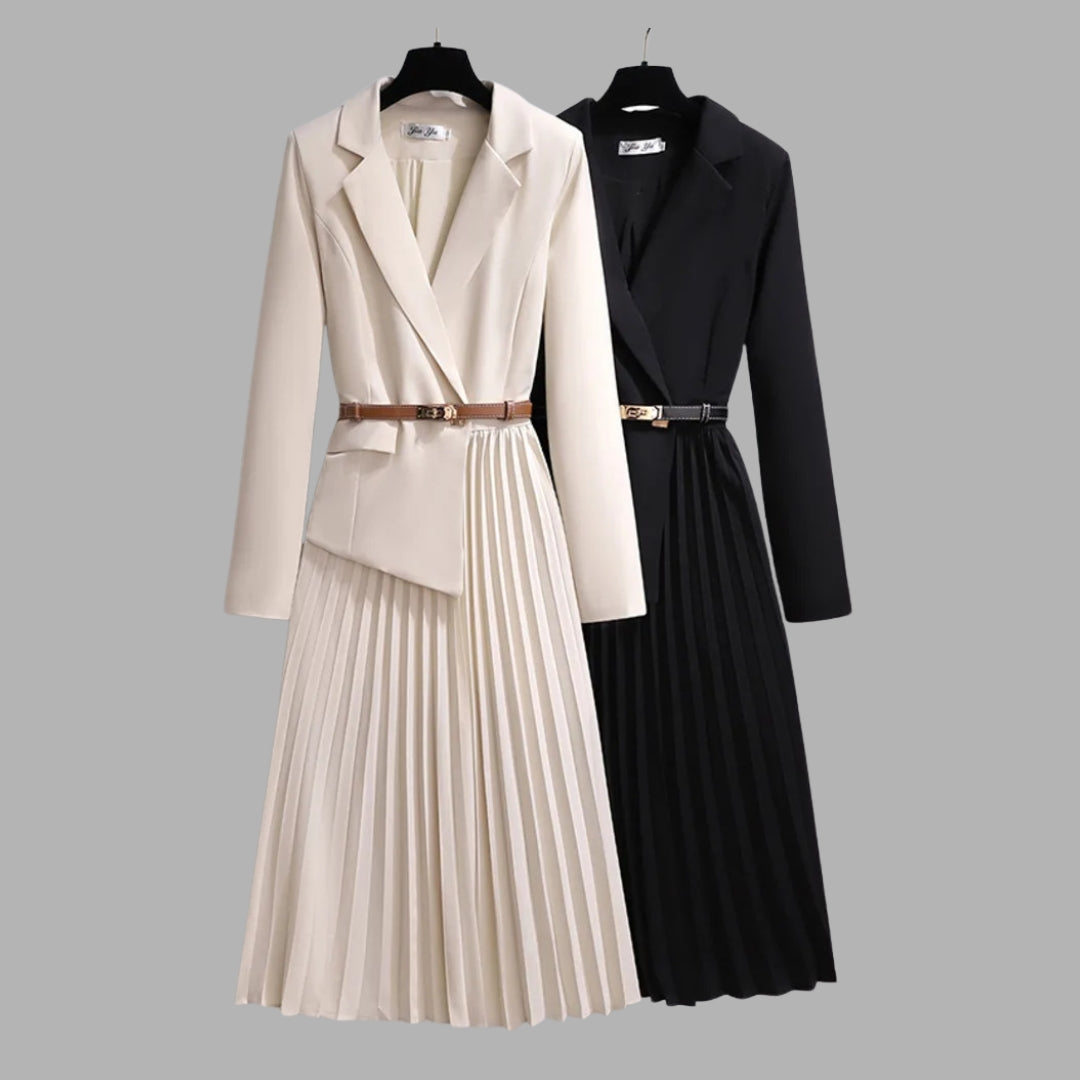 Robe blazer plissée mi-longue avec ceinture pour femme
