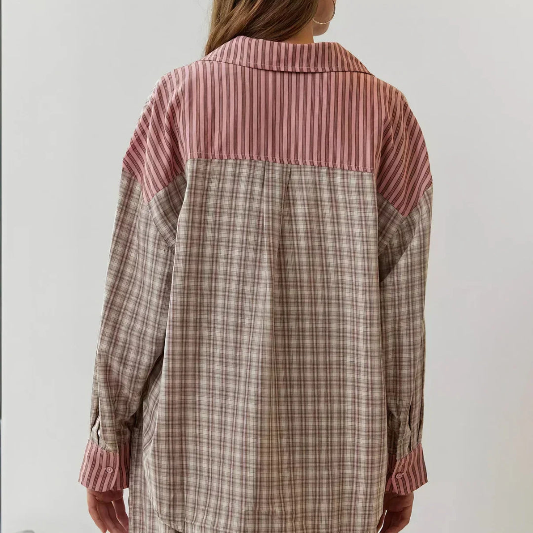 Ensemble chemise et pantalon à rayures et à carreaux pour femme