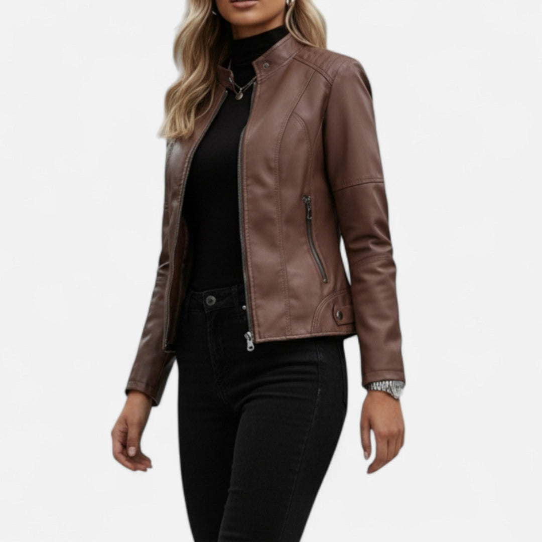 Veste style motard pour femme en matière synthétique avec col montant