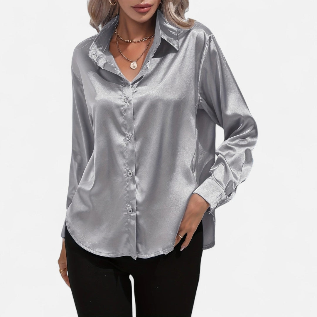 Blouse à manches longues en tissu satiné à boutons pour femme