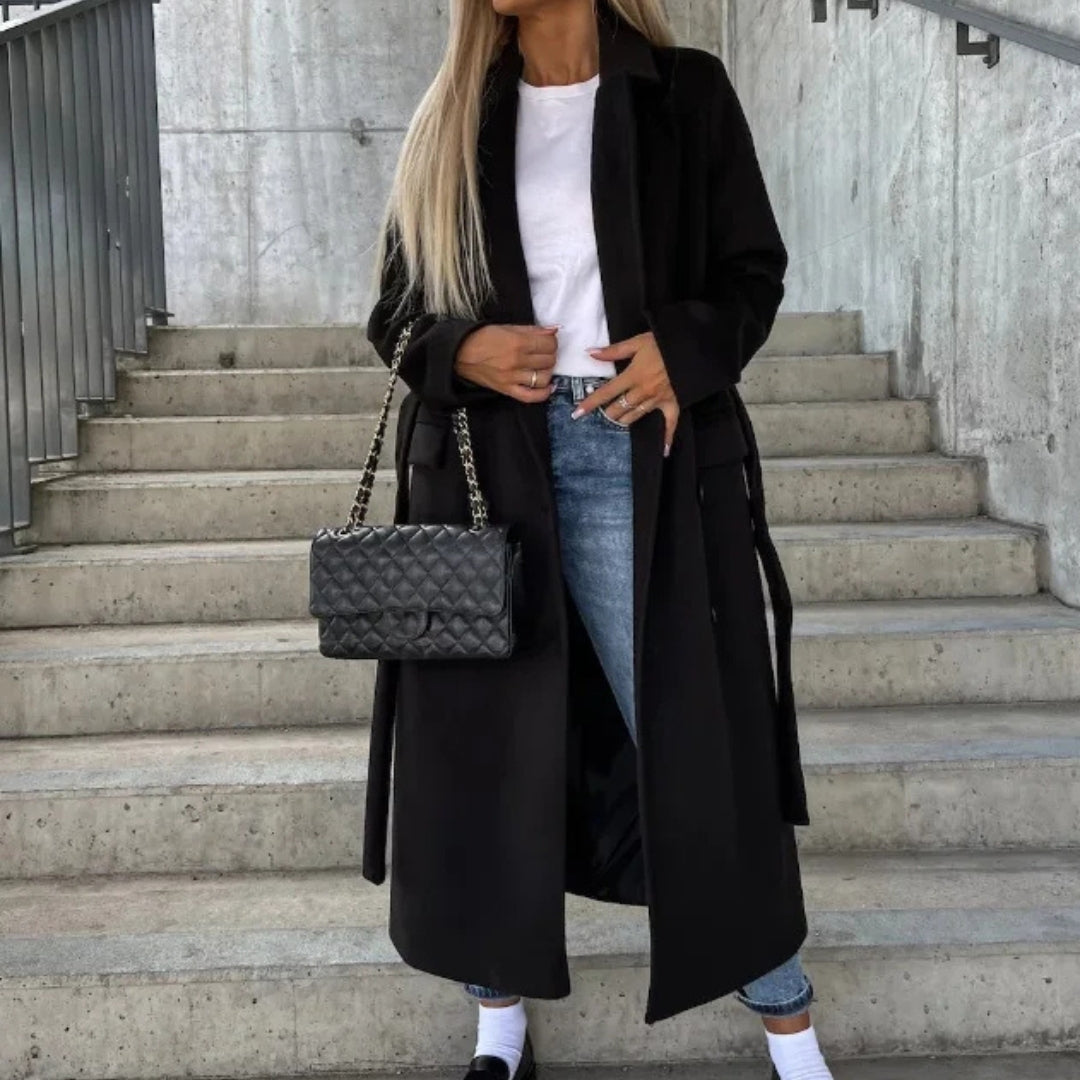 Manteau long à double boutonnage avec ceinture pour femme en tissu mélangé