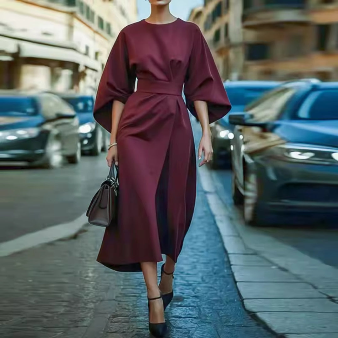 Robe évasée à manches longues et col rond avec ceinture pour femme