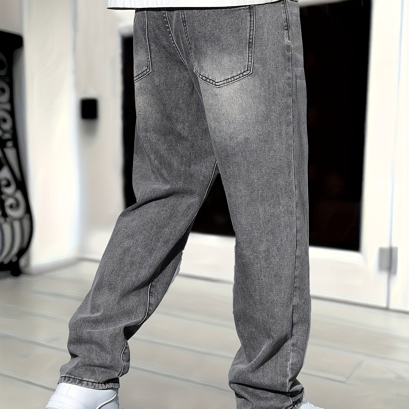 Jean Homme Gris Coupe Droite en Denim avec Braguette Zippée et 5 Poches