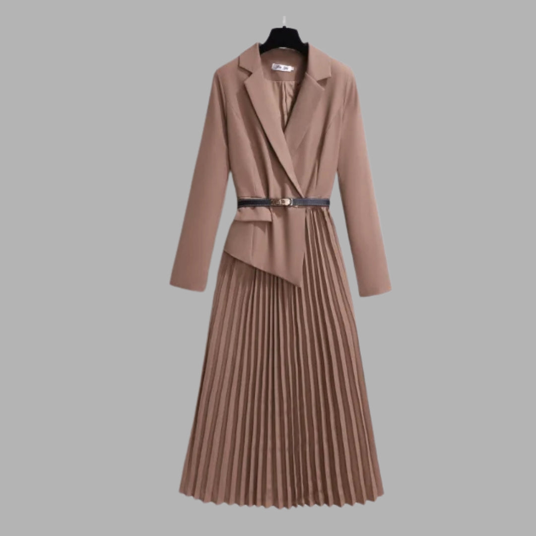 Robe blazer plissée mi-longue avec ceinture pour femme