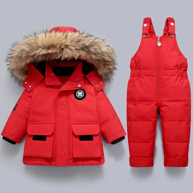 Ensemble Hiver Enfant avec Veste Matelassée à Capuche et Salopette