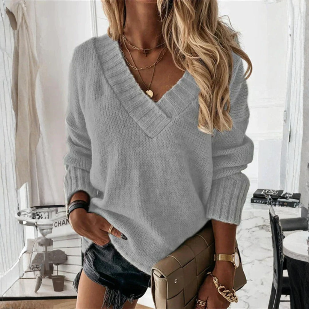 Pull col V à manches longues en maille pour femme