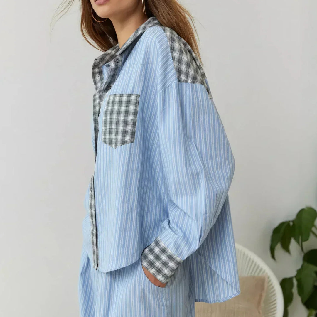 Ensemble chemise et pantalon à rayures et à carreaux pour femme