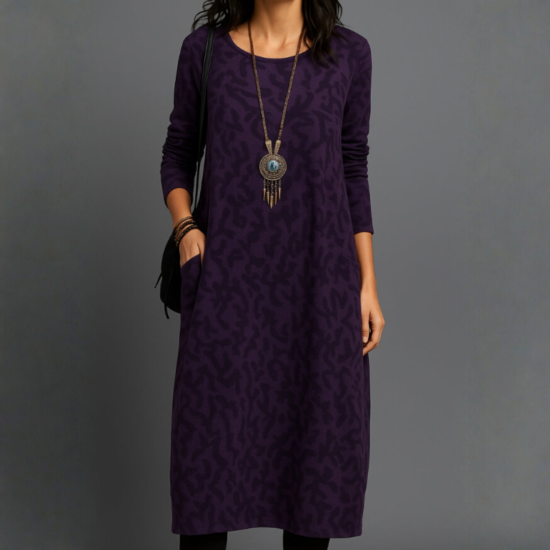Robe mi-longue à manches longues imprimée avec poches pour femme