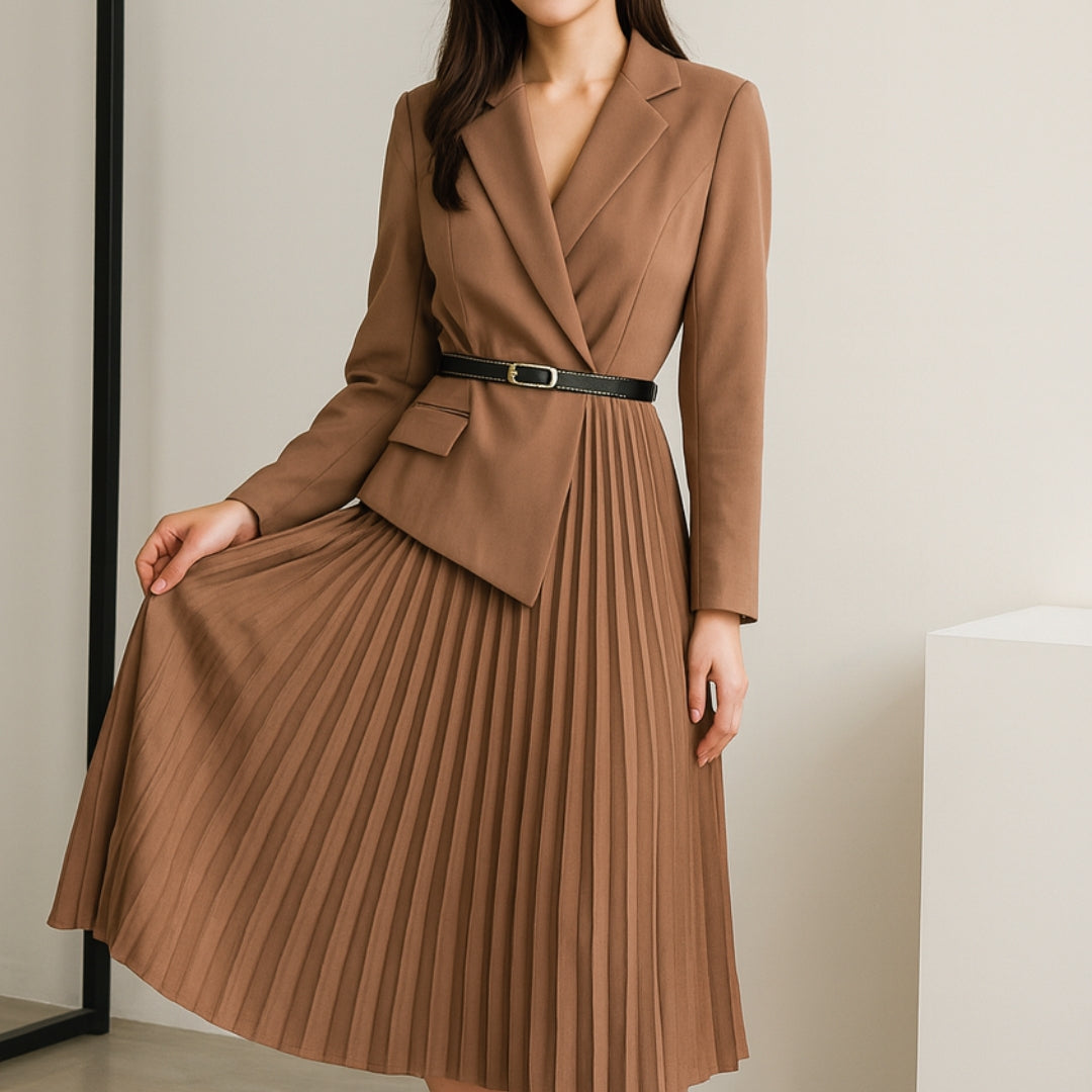 Robe blazer plissée mi-longue avec ceinture pour femme