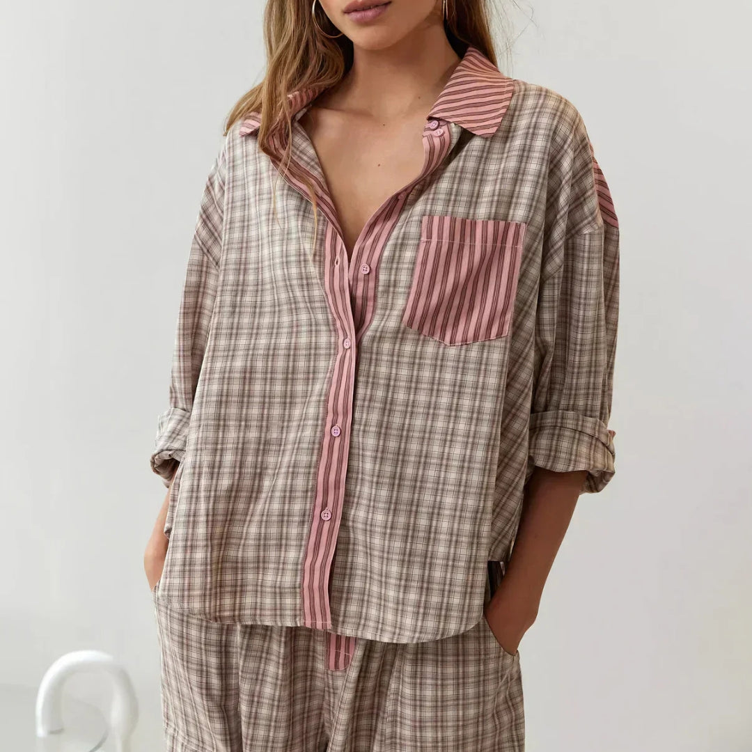 Ensemble chemise et pantalon à rayures et à carreaux pour femme