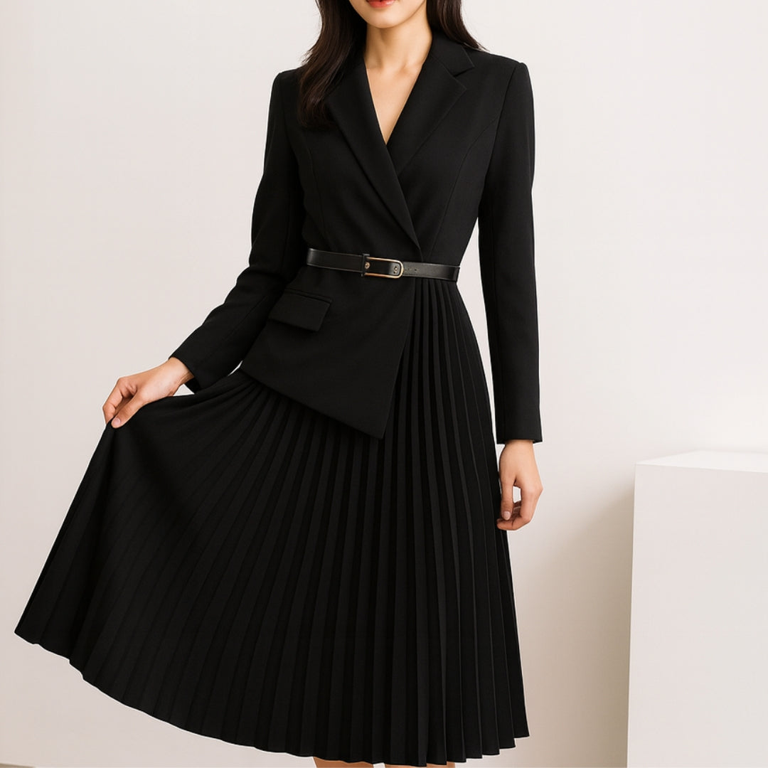 Robe blazer plissée mi-longue avec ceinture pour femme
