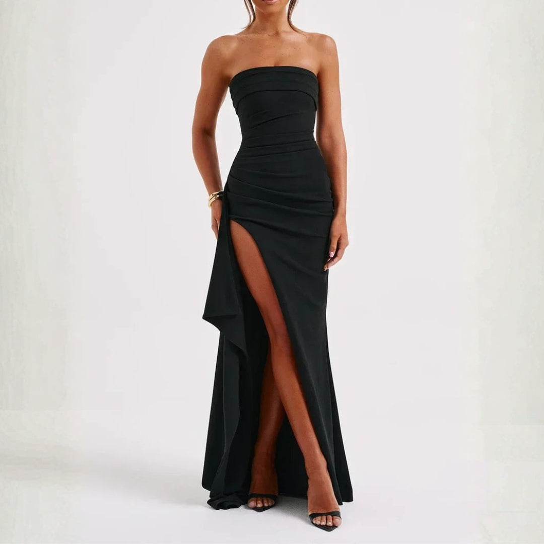 Robe longue sans bretelles à fente pour femme