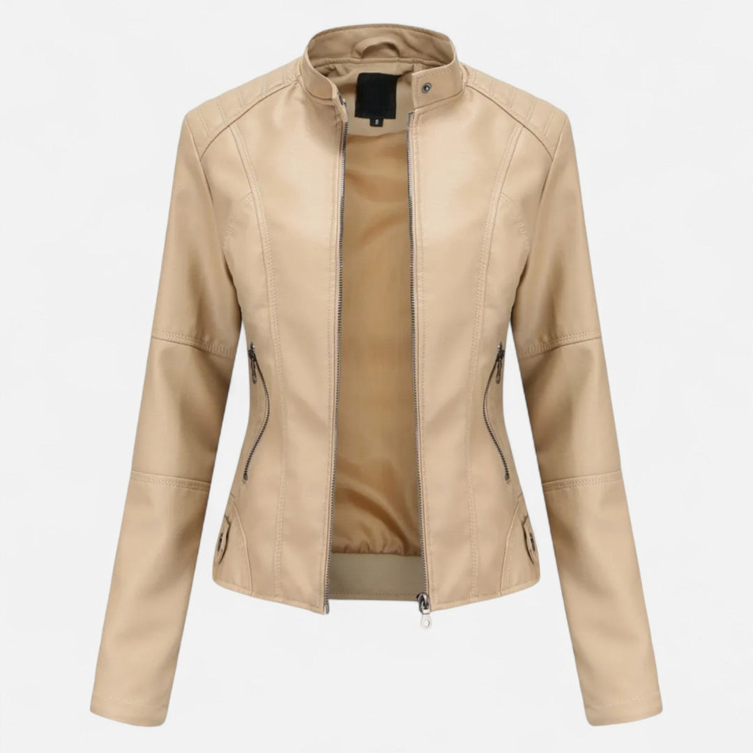 Veste style motard pour femme en matière synthétique avec col montant