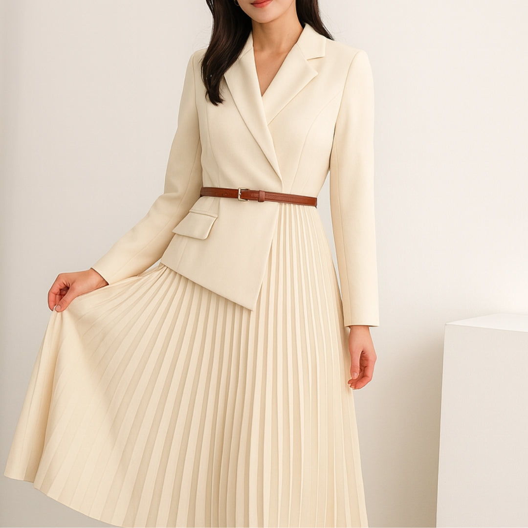 Robe blazer plissée mi-longue avec ceinture pour femme