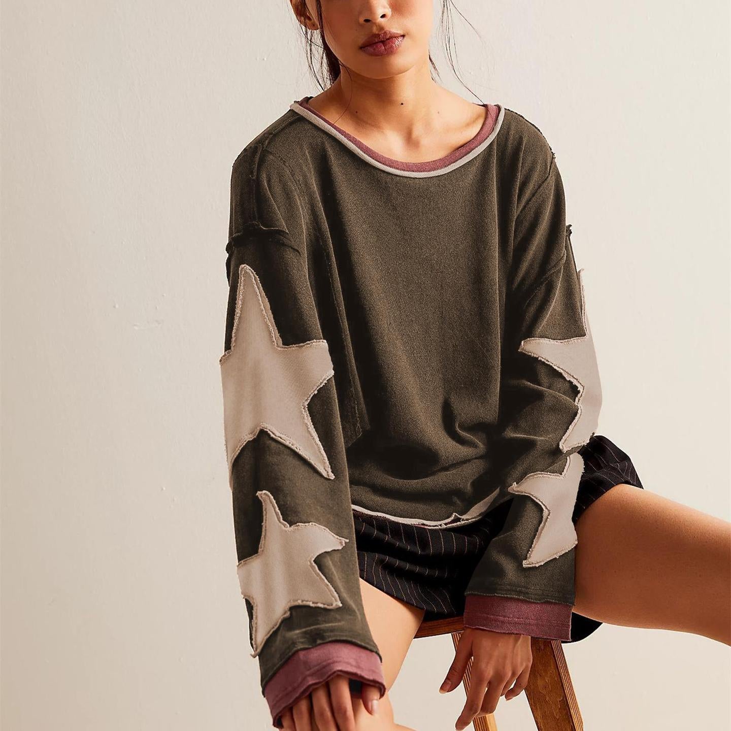 Pull à Rayures avec Détail Étoile Patchwork pour Femme