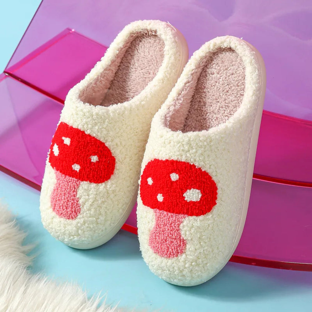 Chaussons d’intérieur pour adultes avec broderie décorative motif arc-en-ciel et motif champignon