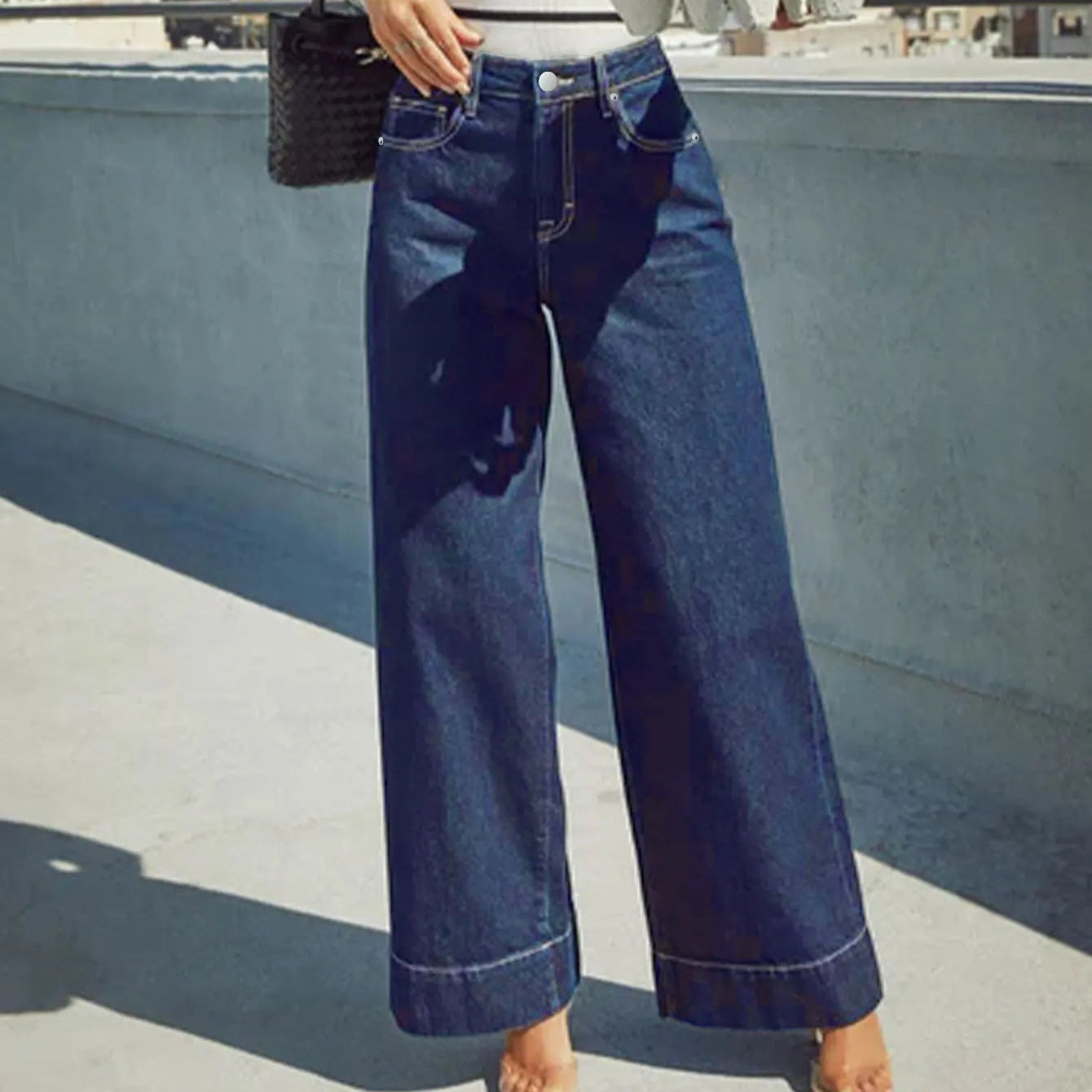 Jean en Denim Taille Haute à Jambe Large pour Femme