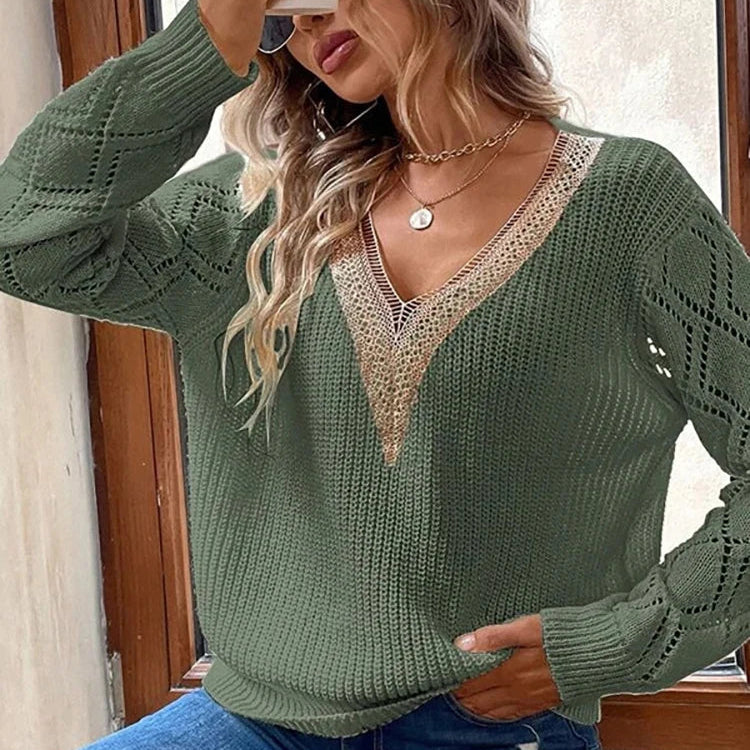 Pull Femme en Maille | Col V avec Détail en Dentelle