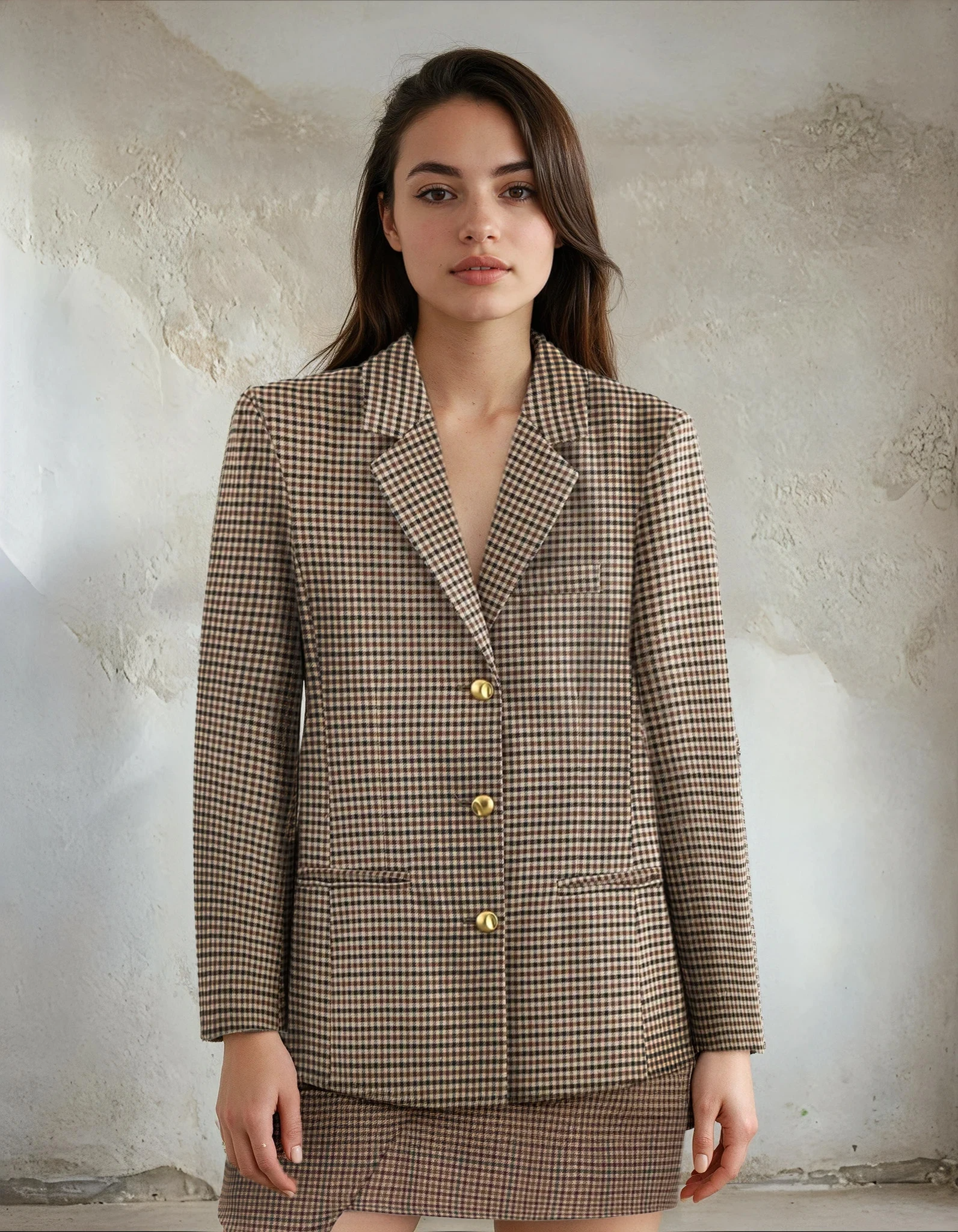 Blazer pour femme à carreaux pied-de-poule, manches longues, boutonnage simple