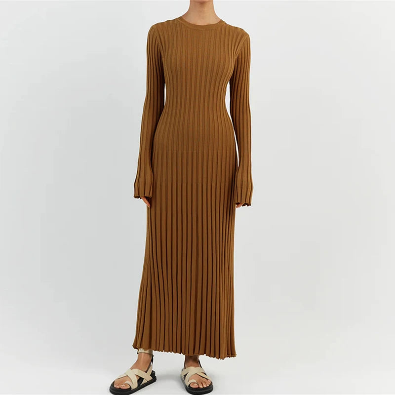 Robe Longue en Maille Côtelée à Col Rond pour Femme