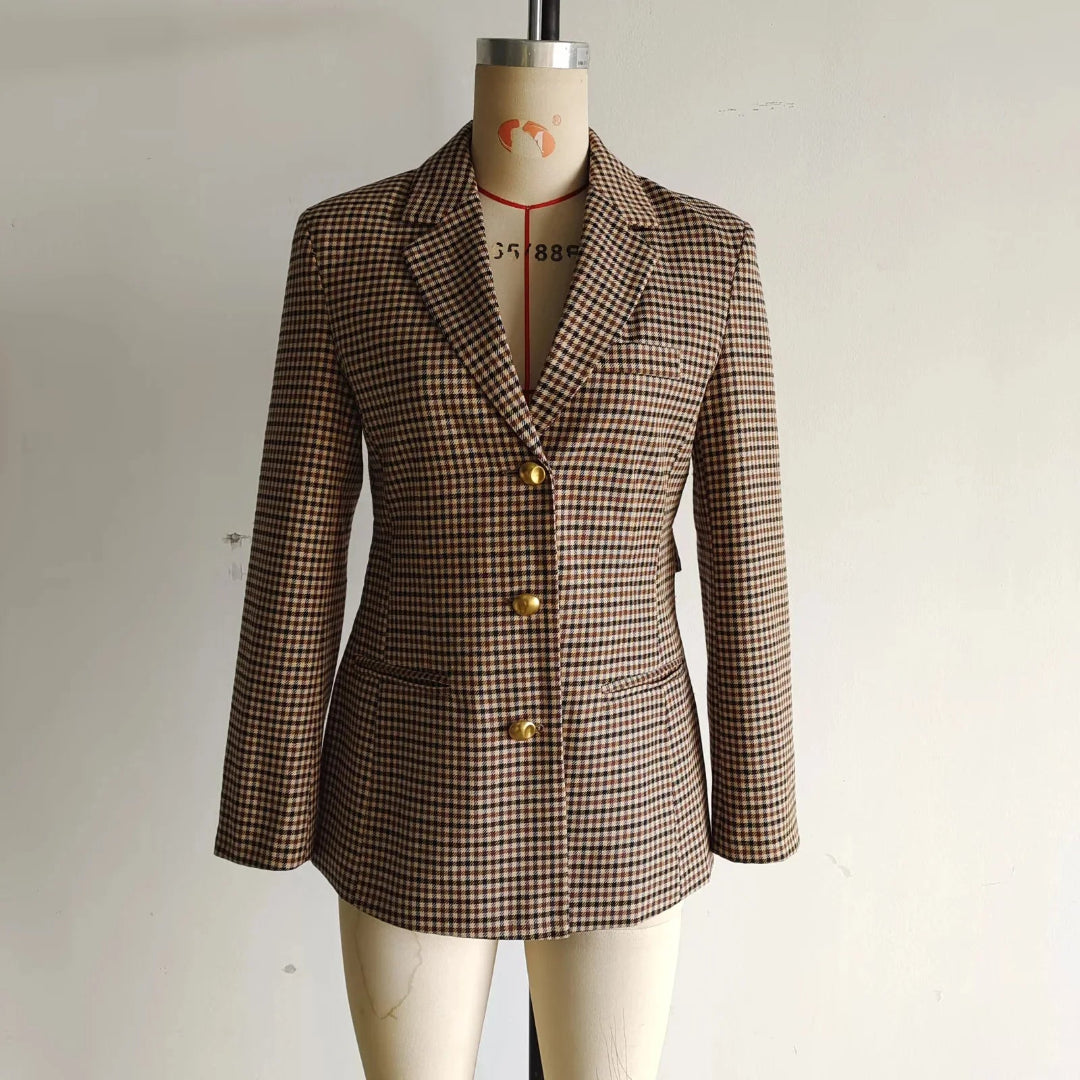Blazer pour femme à carreaux pied-de-poule, manches longues, boutonnage simple