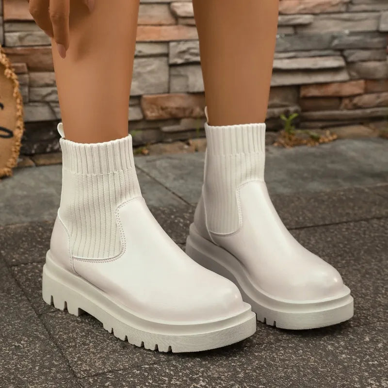 Bottines courtes rétro pour femme à talon épais, modèle élastique à enfiler