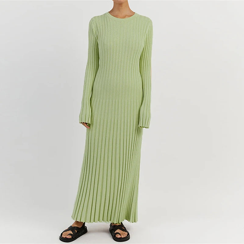 Robe Longue en Maille Côtelée à Col Rond pour Femme