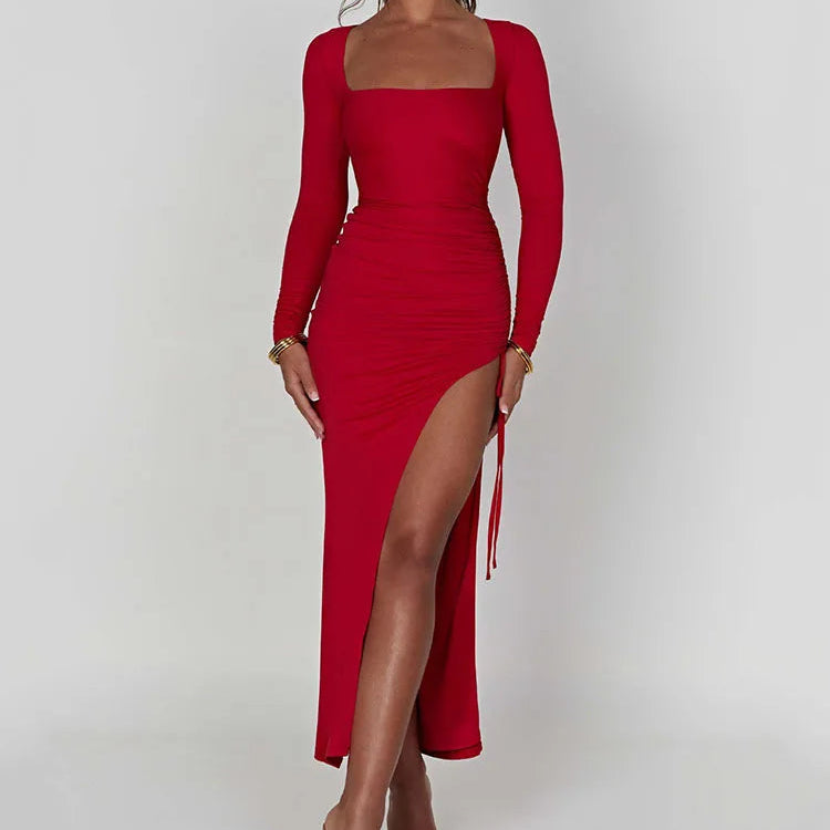 Robe Moulante Longue Femme à Col Carré, Fente Haute et Manches Longues