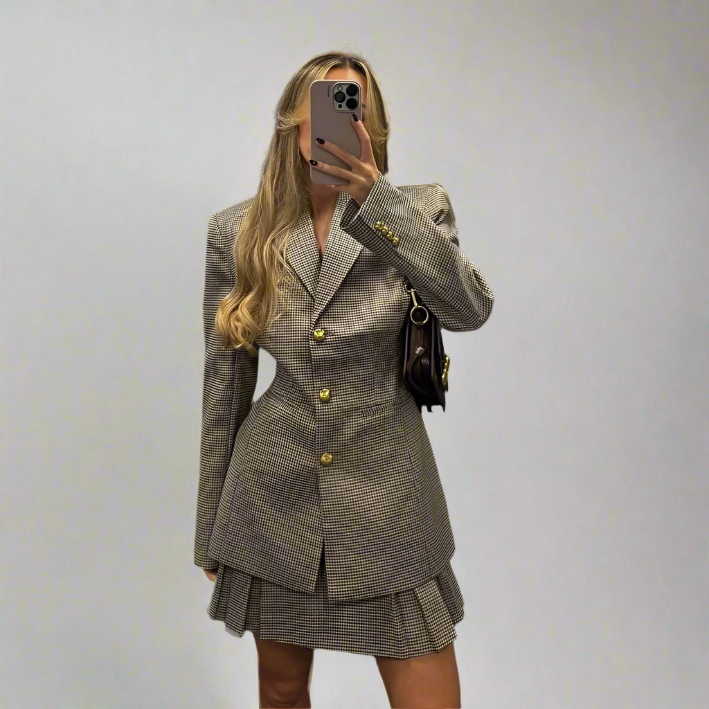 Blazer pour femme à carreaux pied-de-poule, manches longues, boutonnage simple