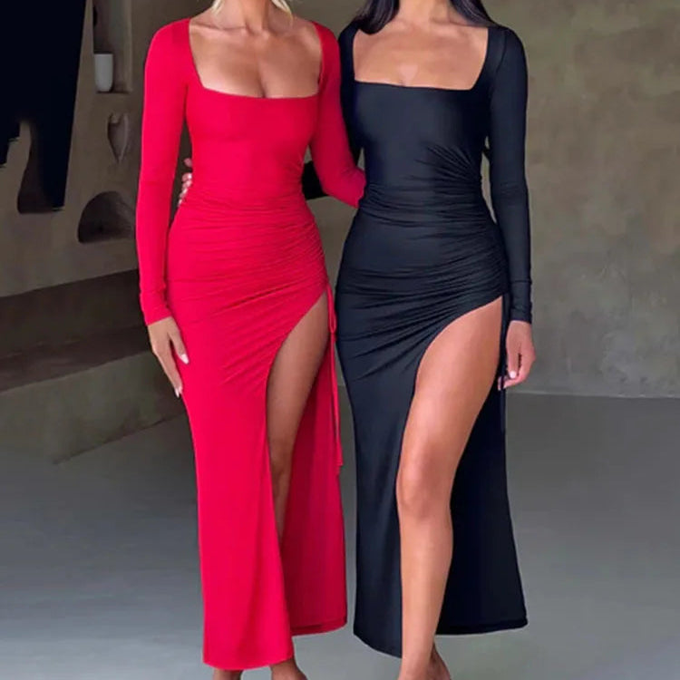 Robe Moulante Longue Femme à Col Carré, Fente Haute et Manches Longues