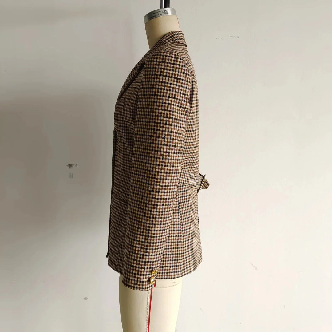 Blazer pour femme à carreaux pied-de-poule, manches longues, boutonnage simple