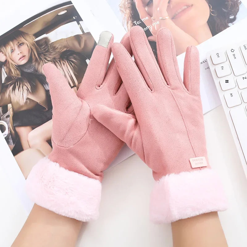 Gants d’hiver pour femme en peluche, à doigts complets avec fonction tactile