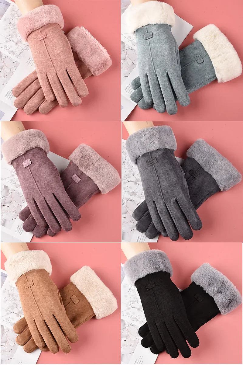 Gants d’hiver pour femme en peluche, à doigts complets avec fonction tactile