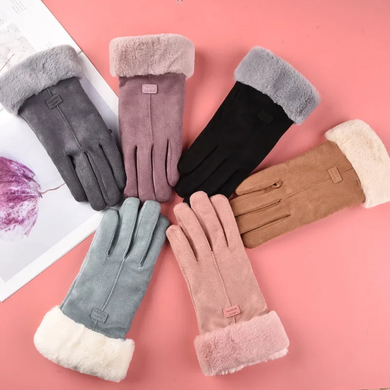Gants d’hiver pour femme en peluche, à doigts complets avec fonction tactile