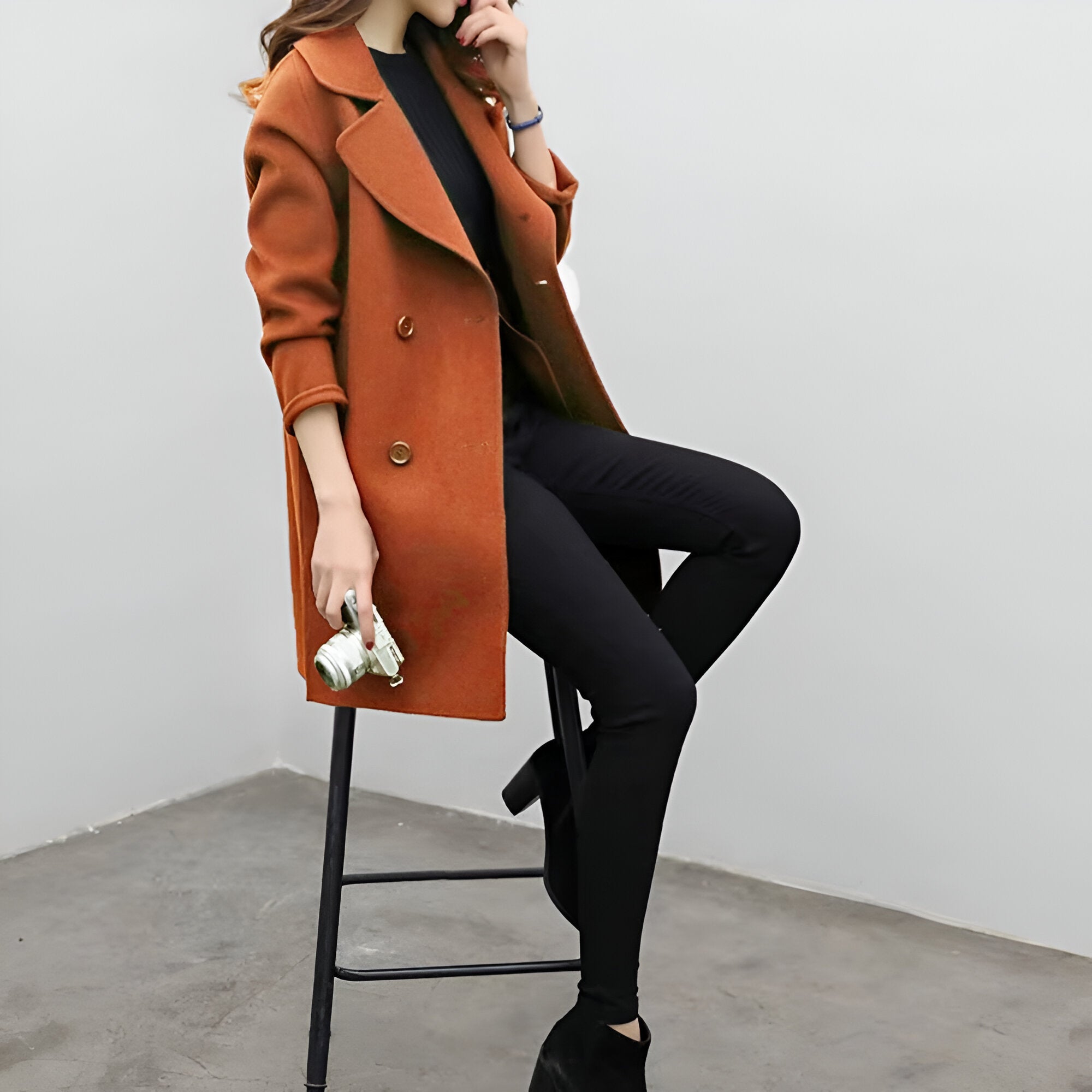 Manteau mi-long à double boutonnage pour femme en tissu mélangé