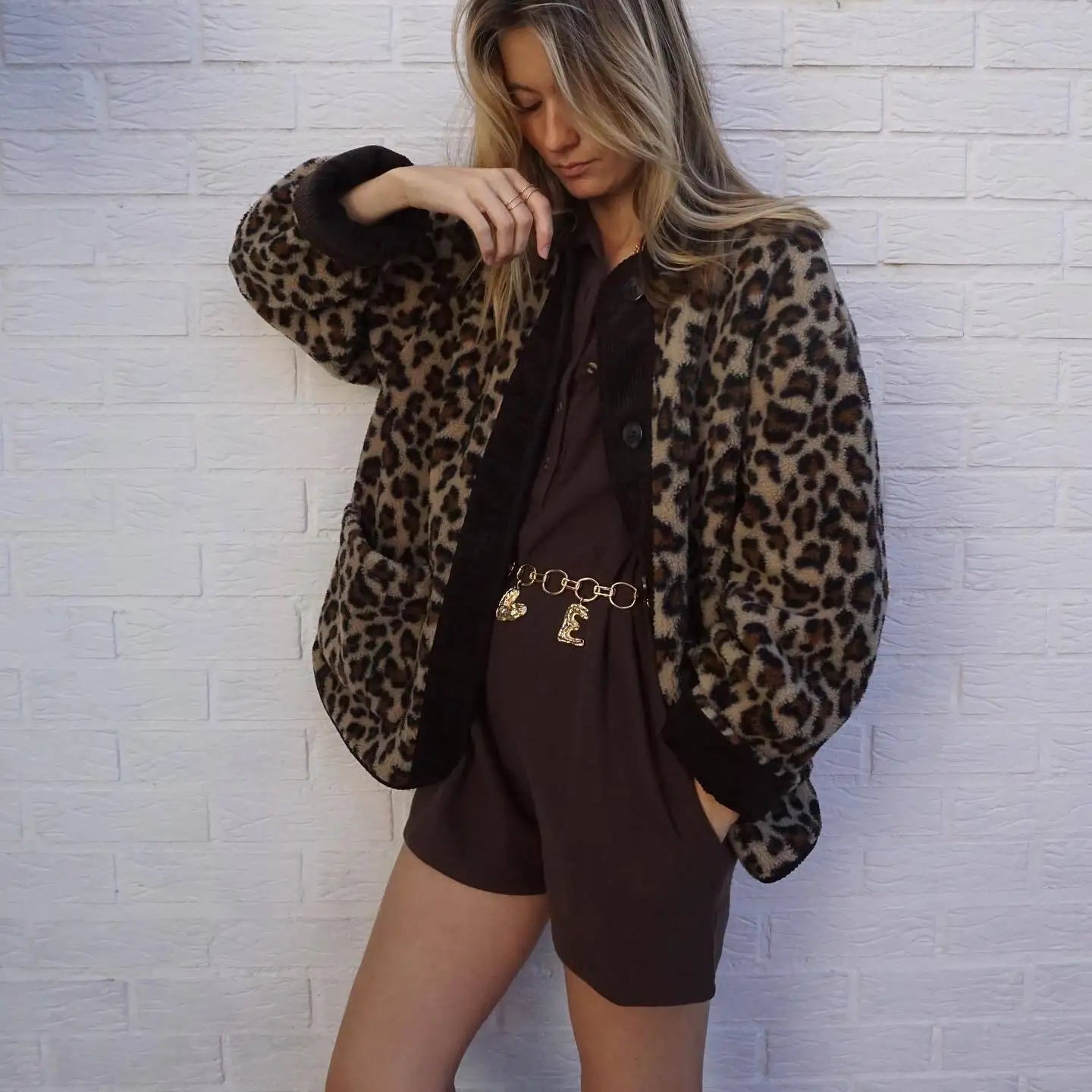 Manteau léopard à boutonnage simple pour femme