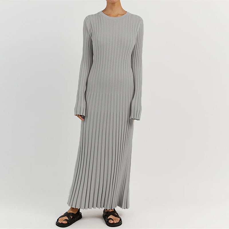 Robe Longue en Maille Côtelée à Col Rond pour Femme