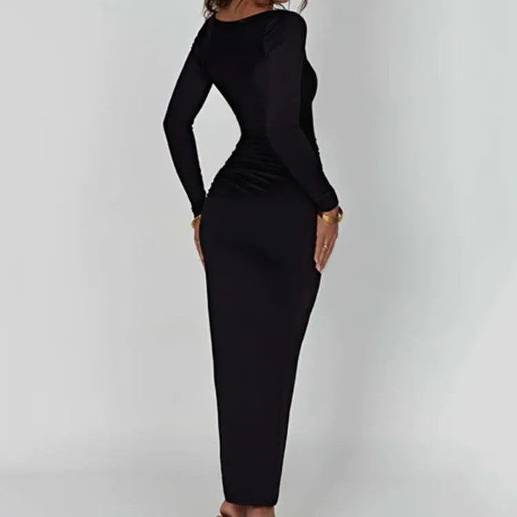 Robe Moulante Longue Femme à Col Carré, Fente Haute et Manches Longues