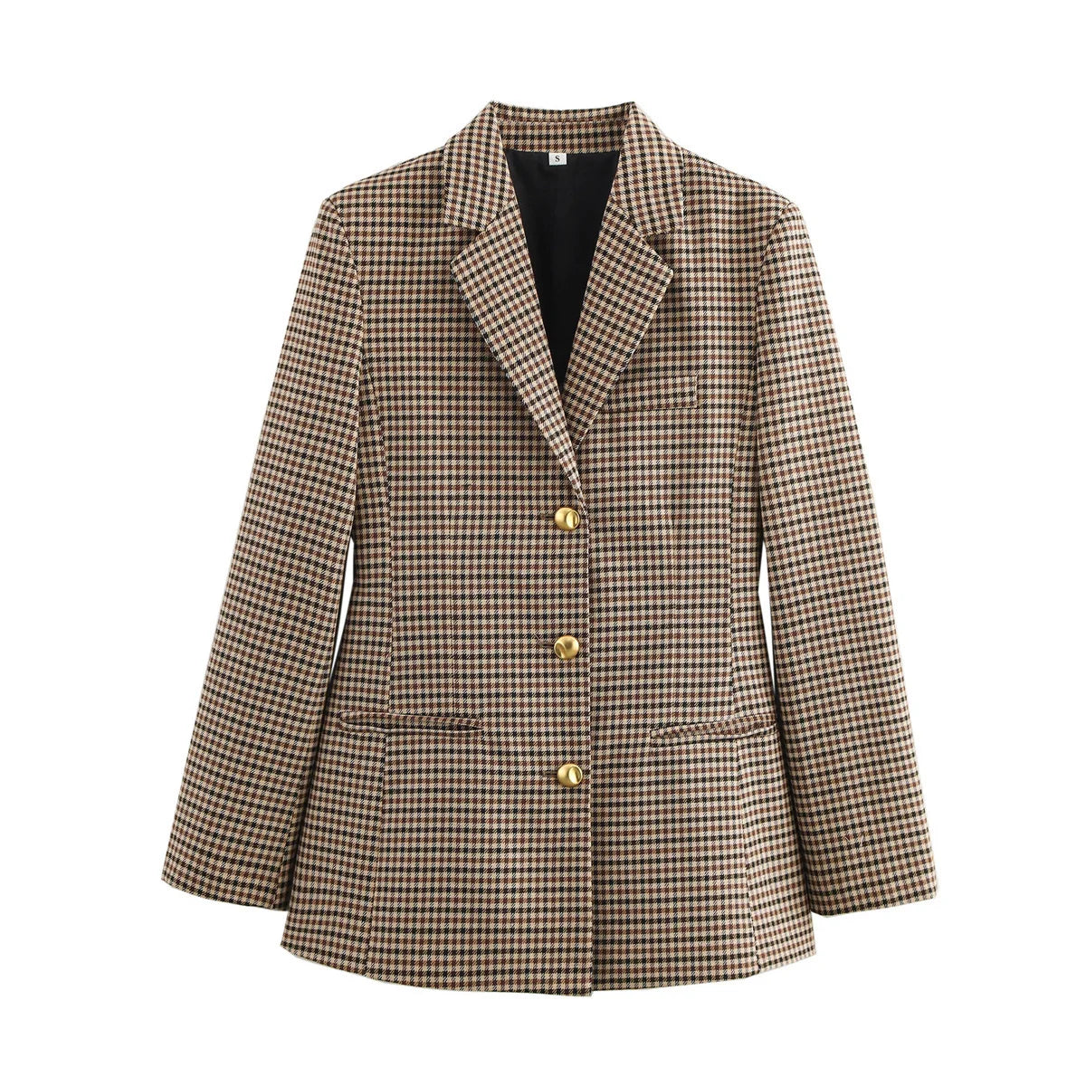 Blazer pour femme à carreaux pied-de-poule, manches longues, boutonnage simple