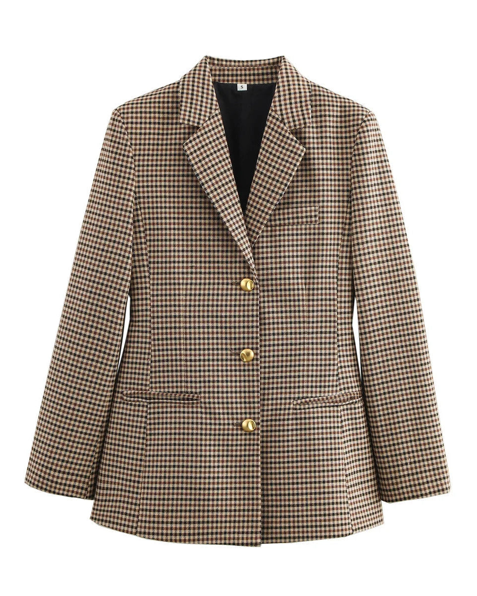 Blazer pour femme à carreaux pied-de-poule, manches longues, boutonnage simple